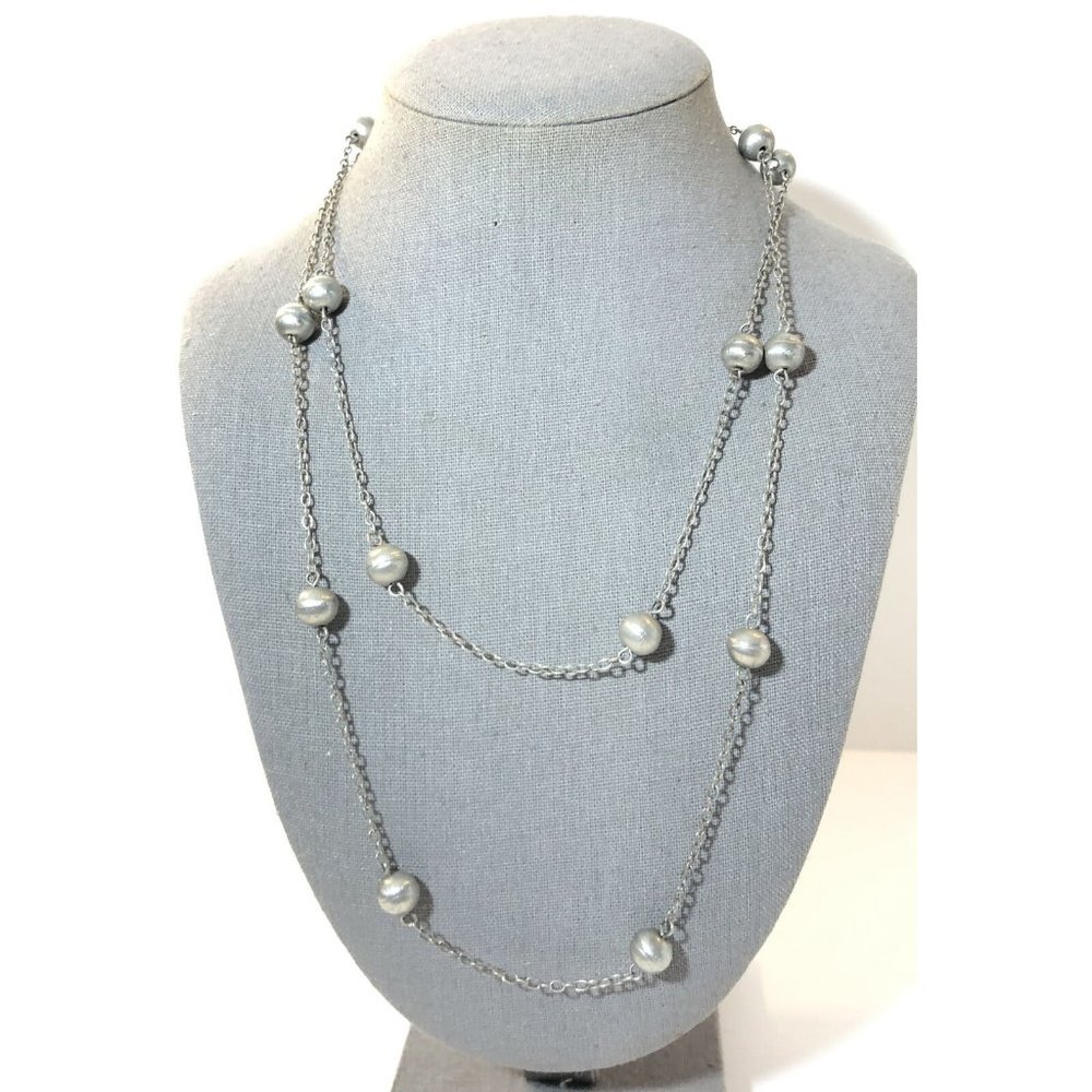 Vintage Metal Ball Bead Tier Strand Chain Necklace- Silver Tone, 20” Fashion.